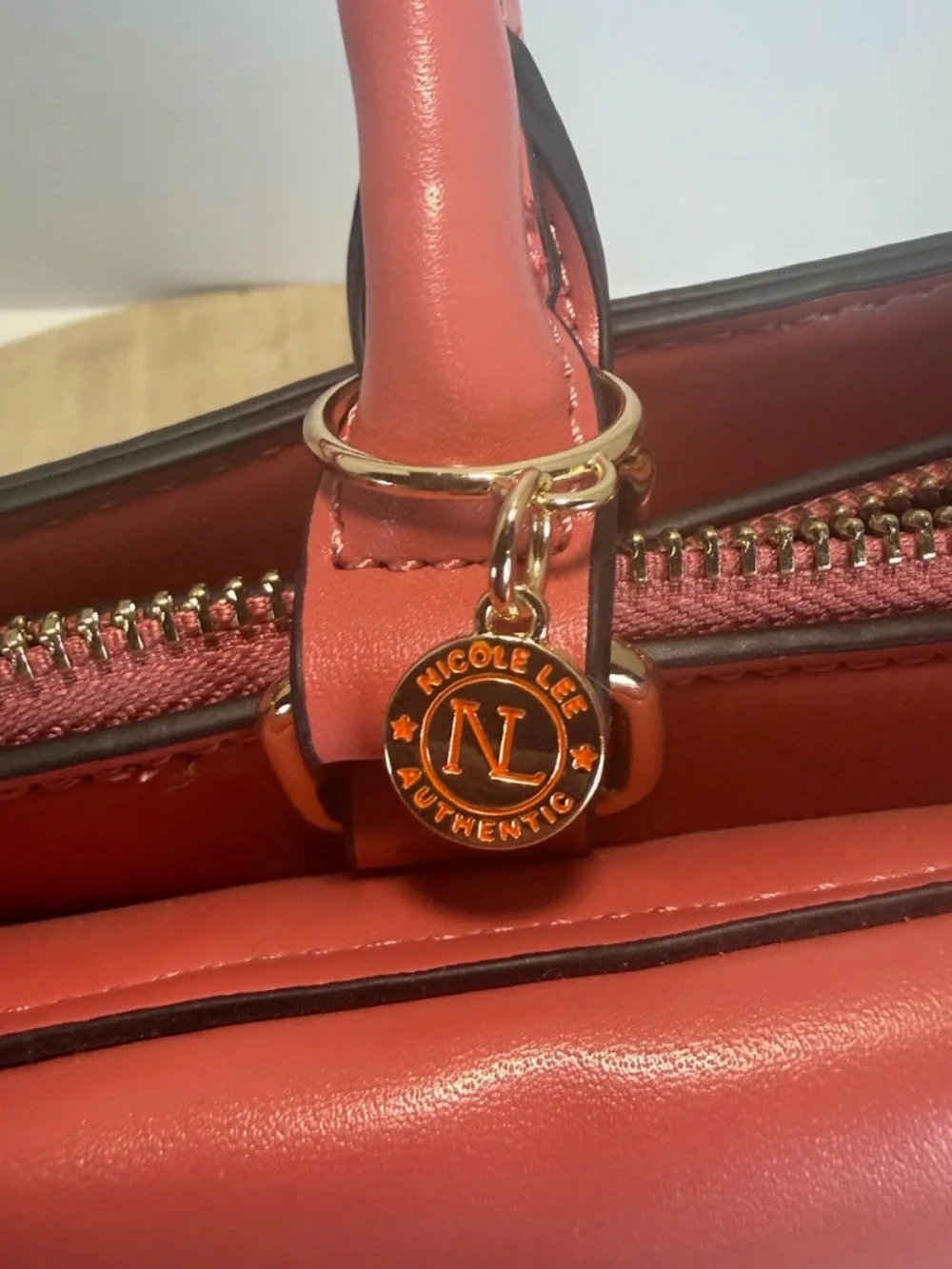 Nicole Lee USA Colorblock Satchel Handbag Navy Coral Pink Vegan Leather